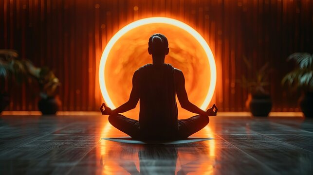 Silhouette of a person meditating in front of a glowing orange circle.