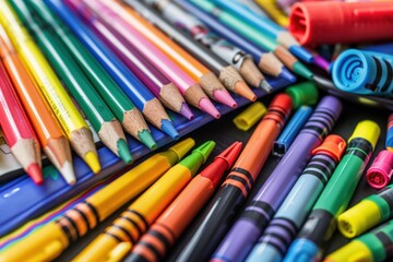 A close-up of colorful school supplies like crayons, markers, scissors, and glue sticks arranged on a table.