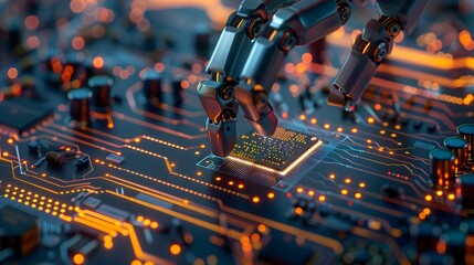 Robot Arm Placing a Chip on Circuit Board