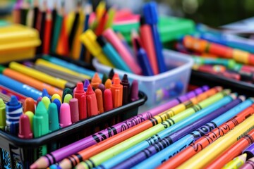 A close-up of colorful school supplies like crayons, markers, scissors, and glue sticks arranged on a table.
