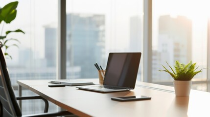 Modern office workspace with a laptop, smartphone and plant on a desk, cityscape through large windows