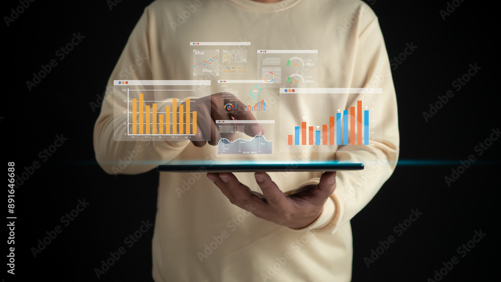 Poster analysts use tablets and dashboards for marketing analysis, strategic planning analysis with informa