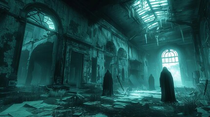A chilling scene of an abandoned facility with an eerie aura, spectral figures drifting through the decaying dwelling, Paranormal, 3D Render, Cool Tones, High Contrast