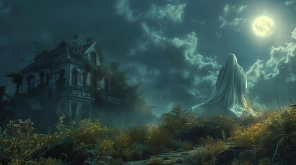 A ghostly apparition gliding over the overgrown grounds of an abandoned house, moonlight casting eerie shadows, Gothic, Digital Art, Cool Tones, High Detail