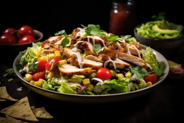 Close-up of a delicious chicken salad with corn, tomatoes, black beans, and cilantro.