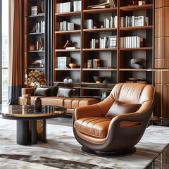 A living room with a brown leather chair and a black coffee table. The chair is facing the bookshelf, which is filled with books. The room has a cozy and inviting atmosphere, perfect for relaxing