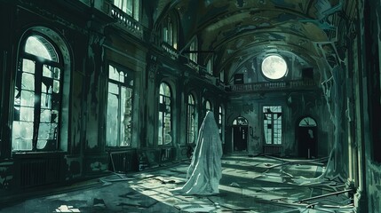 Fototapeta premium A ghostly phantom drifting through the grand halls of an abandoned manor, moonlight casting eerie shadows through broken windows, Gothic, Watercolor, Monochromatic, High Detail
