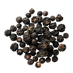 Obraz premium Dried black peppercorns piled loosely, showing the textured, wrinkled surface and deep color, isolated on a solid transparent background for.