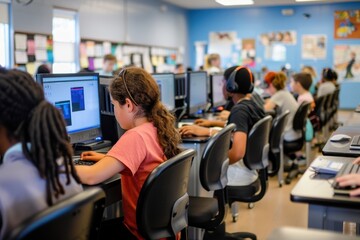 Fototapeta premium A computer lab filled with students learning to type and use educational software.