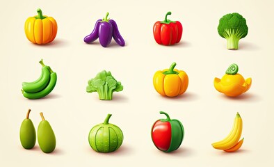 Fototapeta premium 3D Cartoon Vegetables Icons Set.