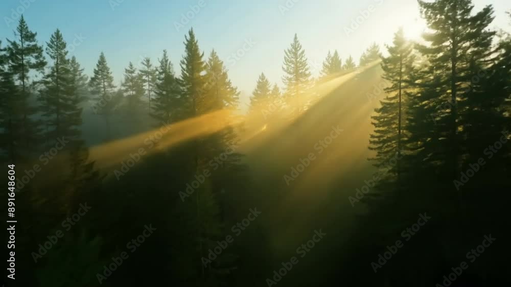 Poster a forest with foggy trees and a cloudy sky. the trees are tall and green, and the sky is a mix of bl