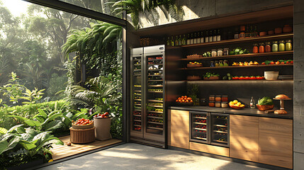 High-resolution tablet display featuring a hyper-graphic styled kitchen interior, with sleek, modern elements and bold visual effects, emphasizing the digital approach to home design 