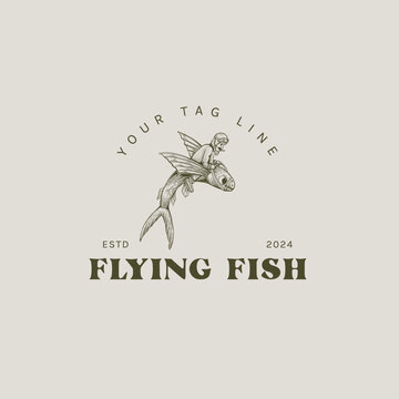 flying fish logo in engraving style