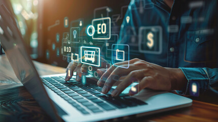 Close-up of a man's hand typing on a laptop keyboard to use search engine optimization (SEO) tools for finding customers or promoting and advertising content online, focusing on marketing