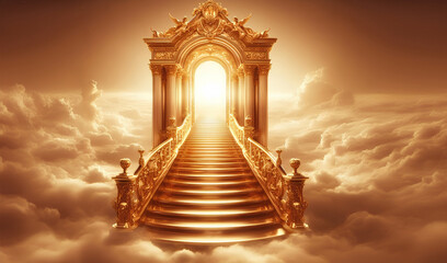  A golden staircase leading to a bright light in the sky