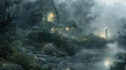A translucent apparition standing at the edge of a misty garden surrounding an old house, soft glow illuminating the scene, Fantasy, Watercolor, Monochromatic, Highly Detailed
