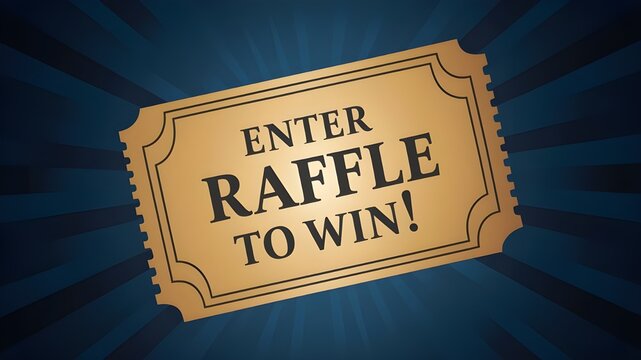 A golden raffle ticket, Enter to WIN! boldly printed on it. The ticket is surrounded by vibrant colors,  participating in a lottery, contest, or sweepstake.