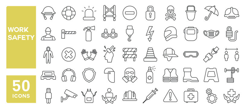 Set of 50 line icons related to work safety, labor, occupational security, protection equipment, accident, work injury, Editable stroke. Vector illustration