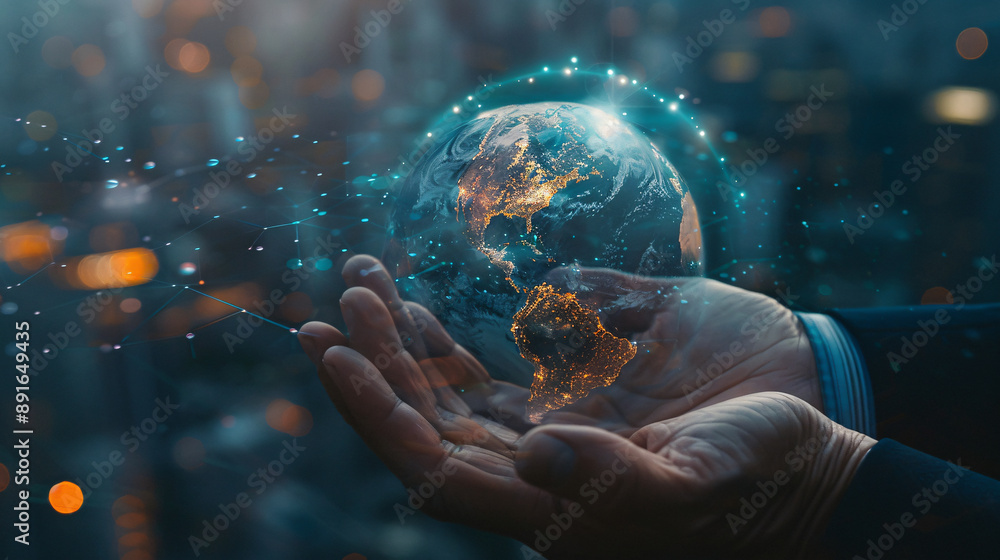 Poster close-up of a businessman's hand displaying the texture of the world with digital elements.