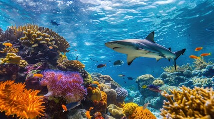 Obraz premium Majestic Shark Swimming Gracefully Above Colorful Coral Reef in Clear Blue Water