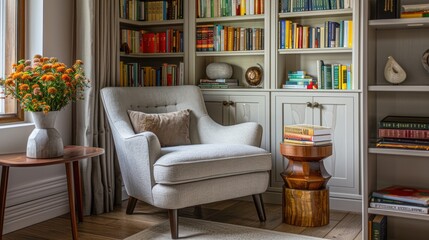 A cozy reading nook with a modern armchair