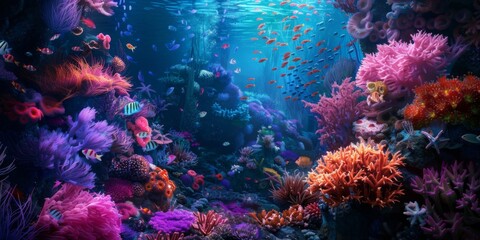 A surreal underwater scene filled with colorful marine life, ideal for an imaginative flyer background that captures the beauty and wonder of the ocean