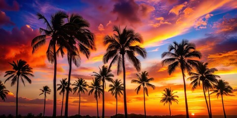 Silhouette of palm trees against a vibrant sunset sky , tropical, evening, nature, tranquil, vacation, relaxation, colorful