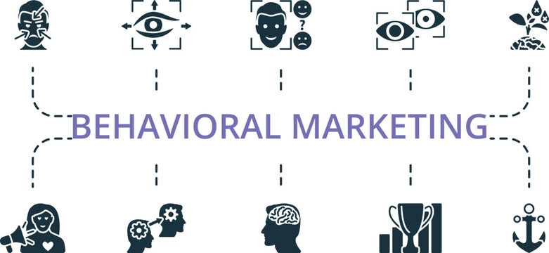Behavioral Marketing icon set. Monochrome simple Behavioral Marketing icon collection. Facial Coding, Eye-Tracking, Emotion Understanding, Pupillometry, Scarcity, Sensory Marketing, Nlp, Cognitive