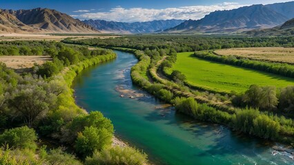 Scenic River Valley with Lush Green Fields, Mountain Ranges, and Clear Blue Sky
