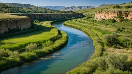 Scenic River Valley with Lush Green Fields, Mountain Ranges, and Clear Blue Sky