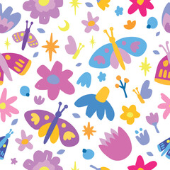 Obraz premium Floral nature hand drawn seamless pattern with Moths. Vector vivid colorful backgrounds with flowers. Positive naive style