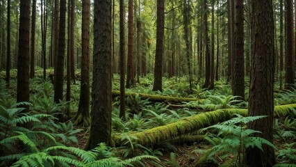 Dense Forest with Tall Trees, Sunlight Filtering Through, and Lush Ferns