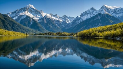 Snow-Capped Mountain Peaks Reflected in Pristine Lake with Forested Shore