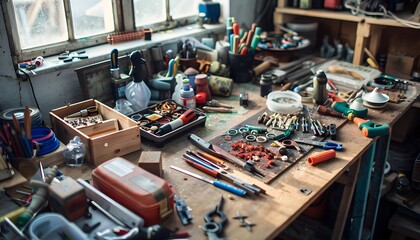 Fototapeta premium Cluttered Workshop Table