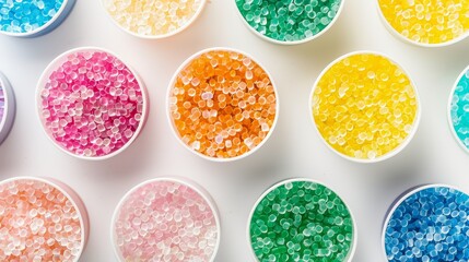 Colorful Granules of Ready Wax for Depilation in Various Cups on a White Background, Representing Healthcare and Beauty Concepts in a Horizontal Orientation