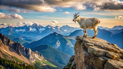 Mountain goat perched on a rugged rock in the stunning mountain landscape, mountain, goat, rock, wilderness, nature, outdoor