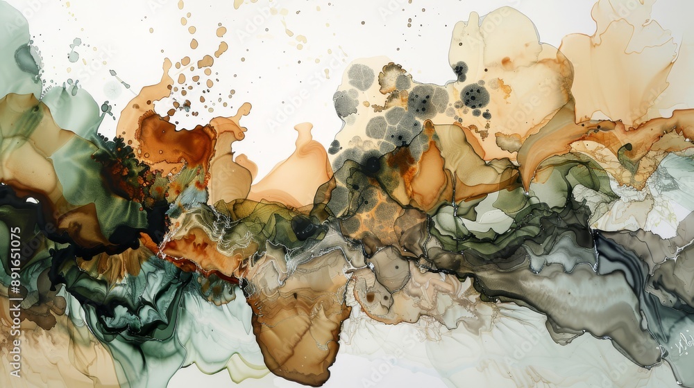Poster abstract fluid art featuring earth tones and metallic highlights, capturing dynamic movement and tex