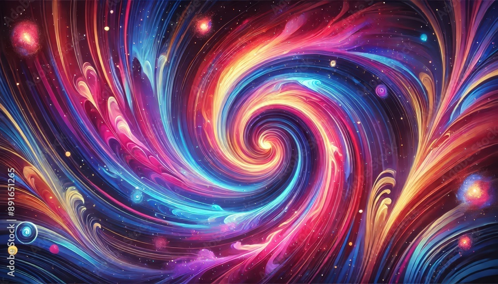 Wall mural A digital artwork featuring a swirling, colorful galaxy with bright stars and nebulae