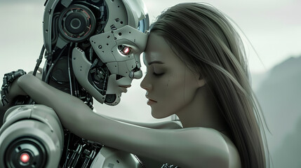Cyborg robot and woman hugging together, futuristic cyber loving couple, romance with artificial intelligence