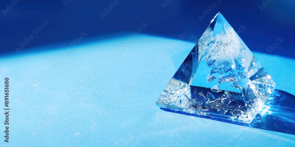 Poster crystal pyramid with frost effect on blue background creating a cool and elegant visual impact.