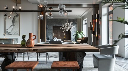 A dining room with a mix of contemporary and traditional elements