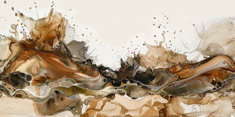A breathtaking abstract fluid art with earthy tones and dynamic movement, splashes of brown and beige.