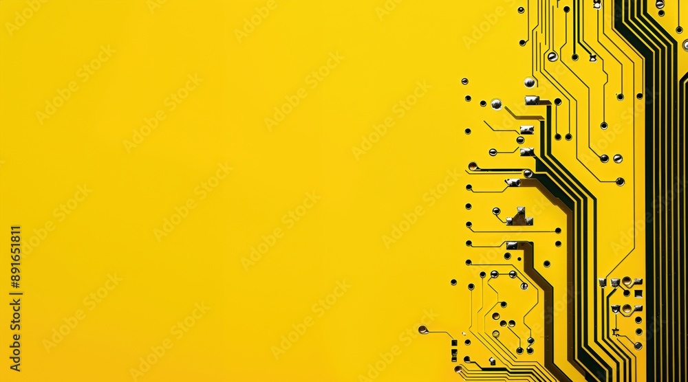 Aufkleber circuit board design on yellow background showcasing intricate electronic pathways and components.