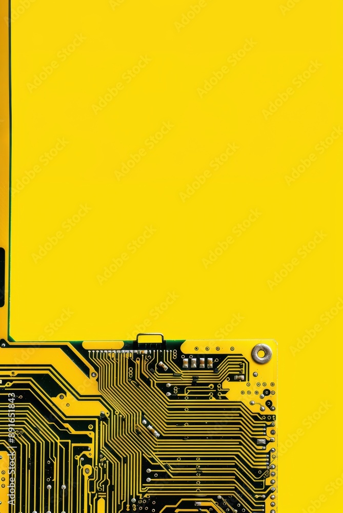 Poster yellow circuit board design showcasing detailed and intricate electronic pathways and components.
