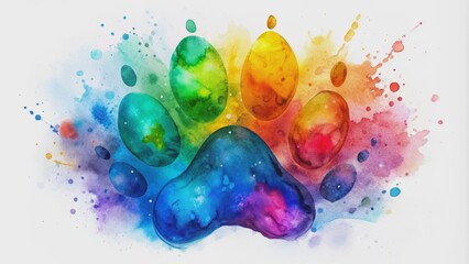 Vibrant watercolor depiction of a colorful rainbow dog paw print on a crisp white background with whimsical splatters.