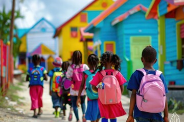 Obraz premium A group of children joyfully walking towards a brightly colored school building, each carrying a backpack filled with supplies