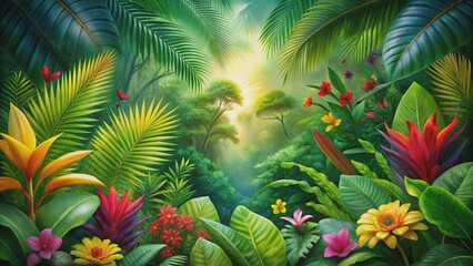 Vibrant green jungle foliage with exotic tropical leaves and colorful flowers creates a stunning natural background with depth and texture.