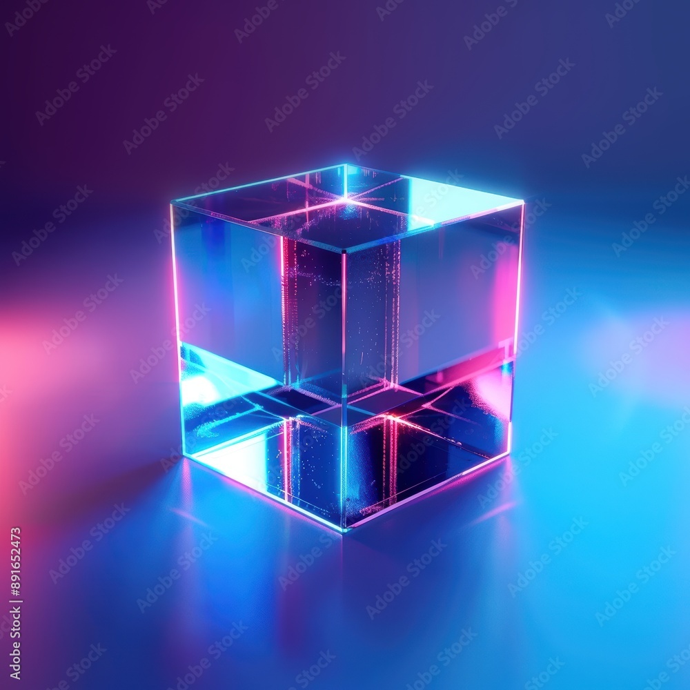 Poster a neon illuminated glass cube with colorful reflections, set against a gradient background. this abs