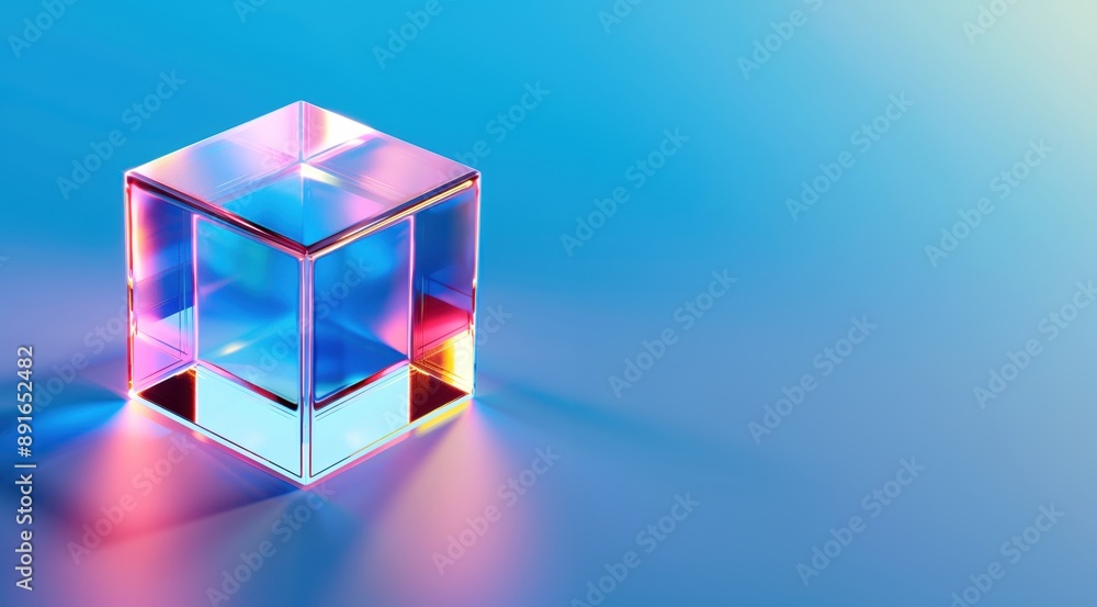 Poster a glowing glass cube displayed on a blue gradient background, showcasing a futuristic and abstract d