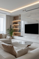 design concept of a living room with modern elements such as white high quality materials walls and floor, a cupboard with books and some lightning, a L style sofa with a modern design table and a TV